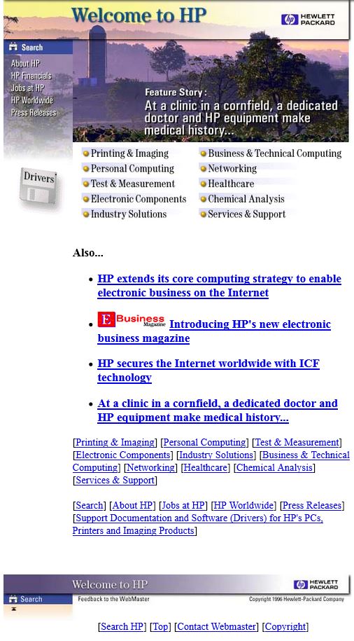 The HP Home Page in December of 1996